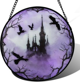 Stained Glass Window Hanging - Halloween Gothic Castle Purple Smoke Suncatcher for Doors Garden Home Spooky Crow Sun Catchers Gothic Decor Horror