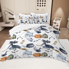 8 Pieces Halloween Comforter Set, Witch Pattern Bed In A Bag Bedding With Comforter Sheet Sham - 1 Comforter, 2 Pillow Shams, 1 Flat Sheet, 1 Fit (Option: Queen-White)