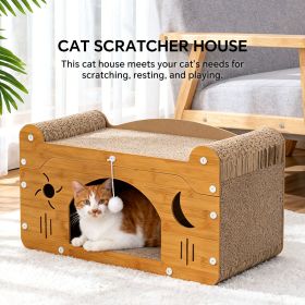 Cat Scratcher House with Bed and Hanging Toy, Wooden Cat Cave with Corrugated Scratching Board (Color: C-SFXY56)