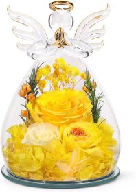 Gifts for Mom Birthday Gifts for Women Preserved Rose Forever Flower in Glass Angel Figurines Fresh Flowers for Delivery Anniversary Mothers Day (Color: Yellow (Rose, Austin, Baby's Breath, Hydrangea))