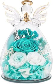 Gifts for Mom Birthday Gifts for Women Preserved Rose Forever Flower in Glass Angel Figurines Fresh Flowers for Delivery Anniversary Mothers Day (Color: Bright Blue (Rose, Austin, Baby's Breath, Hydrangea))